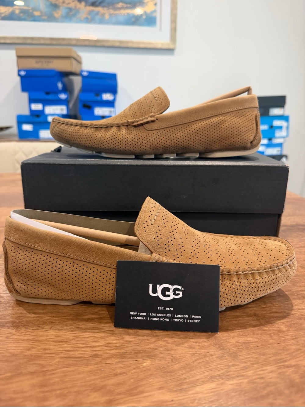 UGG Henrick Stripe PERF Tan Suede Treadlite Moccasins Size 8M/9.5W BNIB